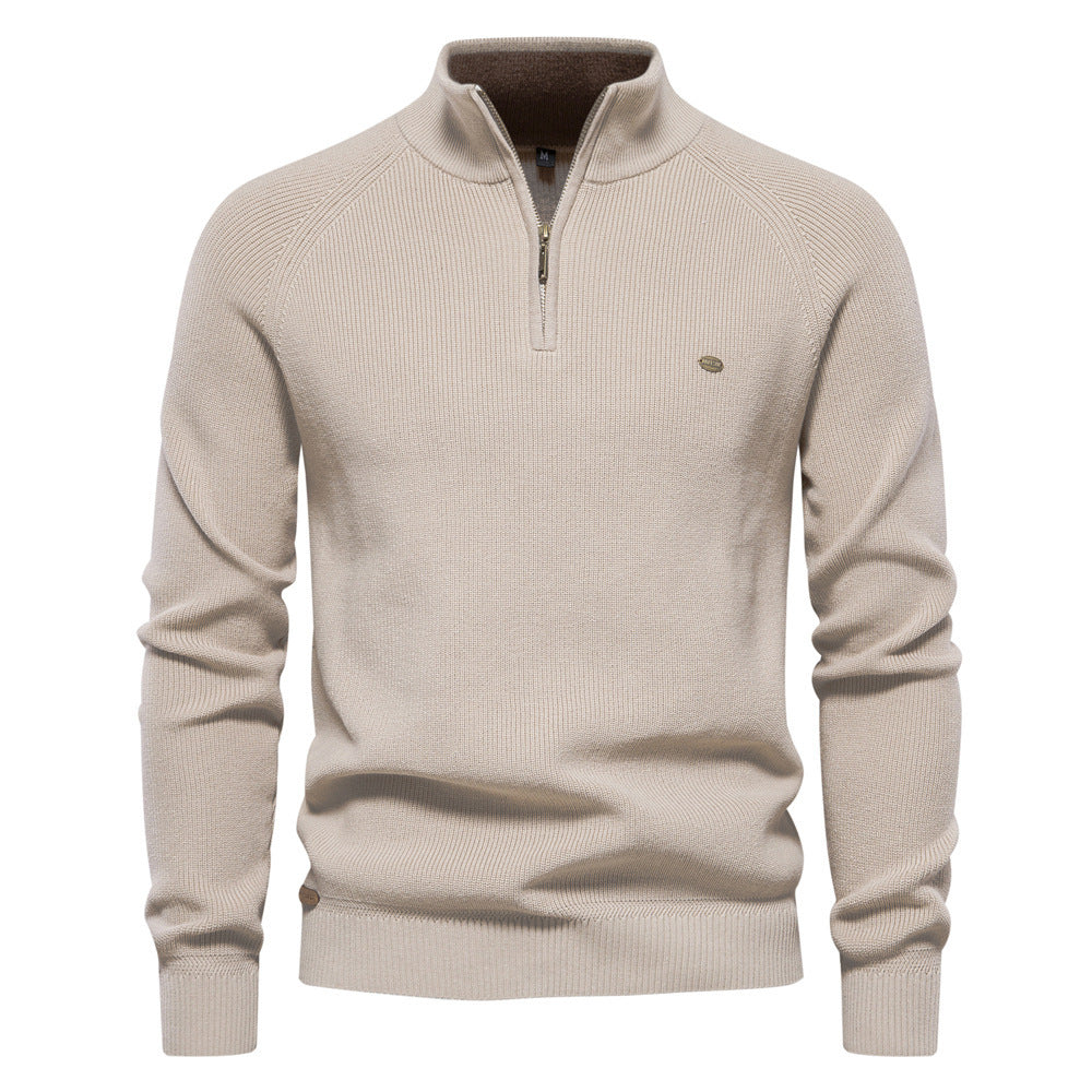 Men's Zipper Stand Collar Knitted Sweater Fashion Slim Solid Color Long Sleeve Half Turtleneck Top Men's Clothing