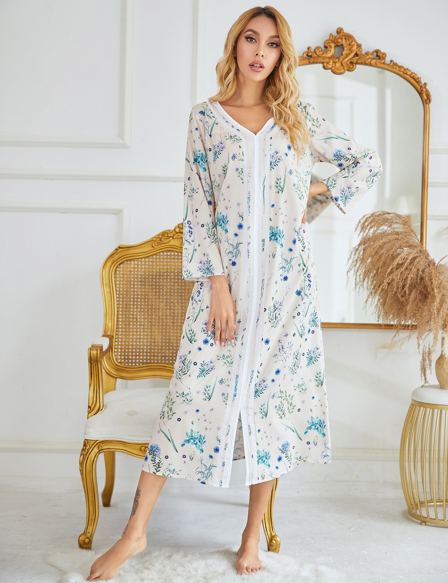 European And American Ladies Homewear Pajamas Long-sleeved Printed Home Pullover Leisure Split Nightdress