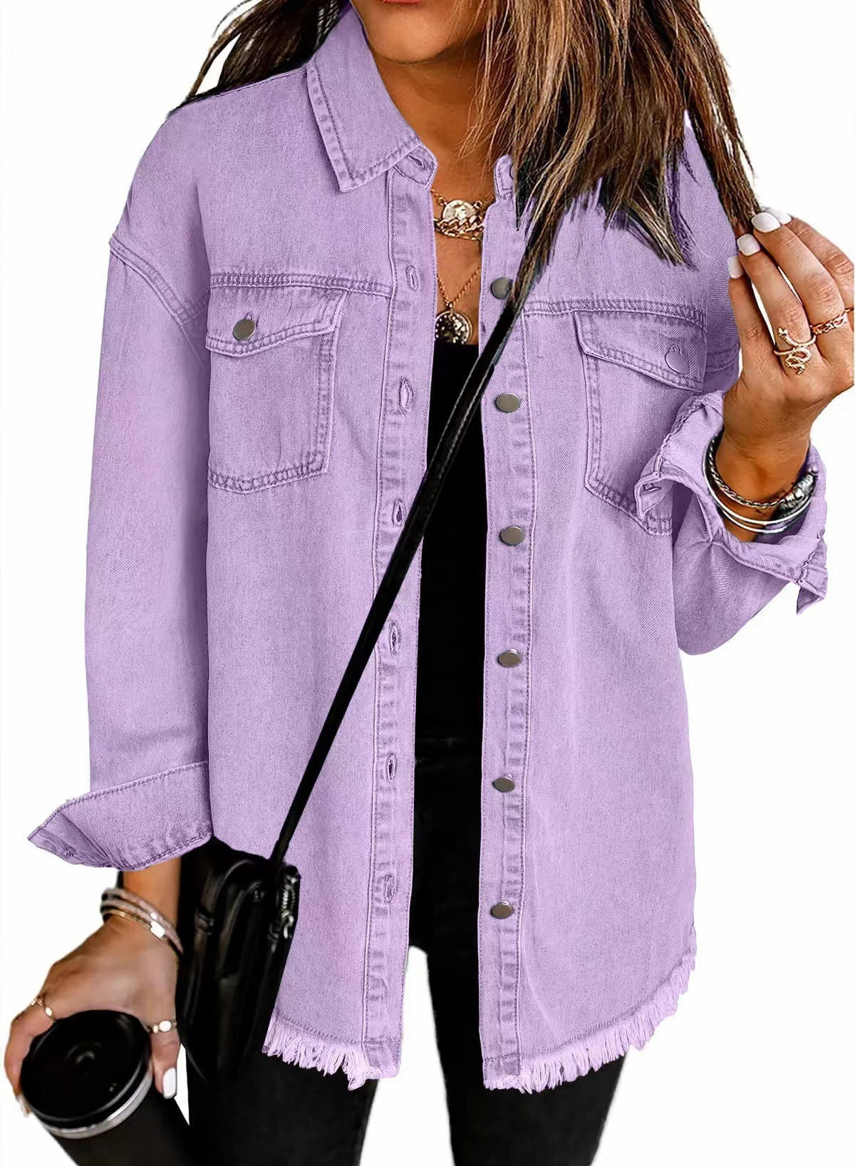 Washed Denim Shirt Women's Personalized Street Style Frayed Hem Coat