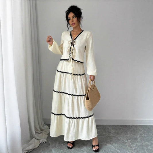 Lace Layered Pleated Lantern Sleeve Bow Shirt And Skirt Suit Women