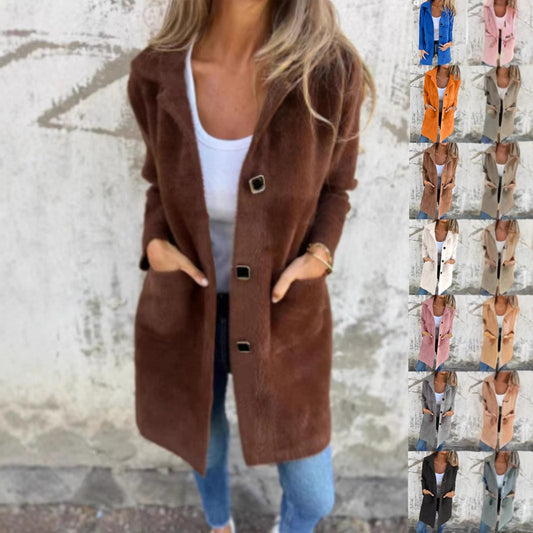 Single-breasted Polo Collar Pocket Mid-length Coat