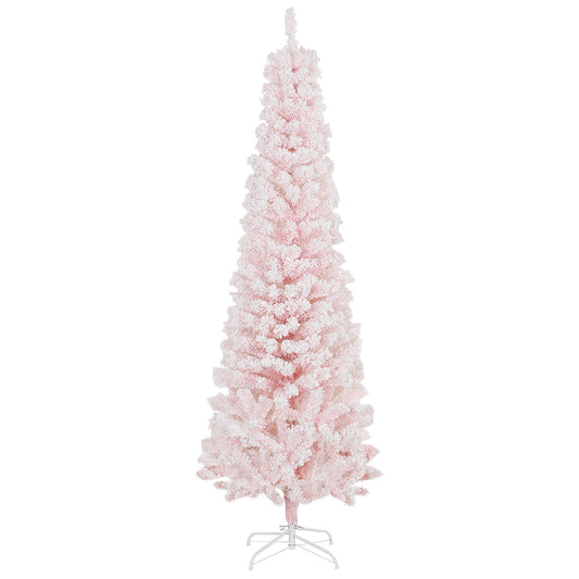 6ft Flocked Christmas Tree, Pencil Christmas Tree With Realistic Branch Tips, Folding Metal Stand