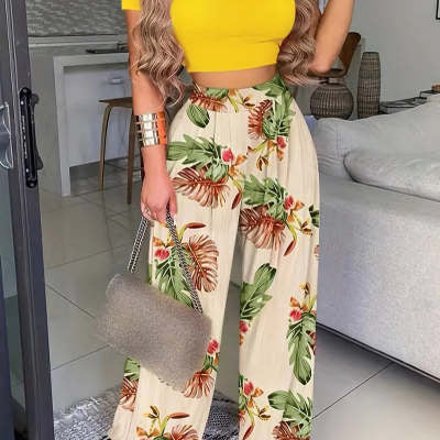 Printed Short Sleeve Top Pants Set