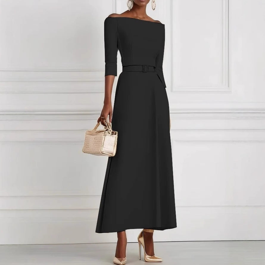 Solid Color Fashion Temperament Waist-controlled Off-shoulder Dress For Women