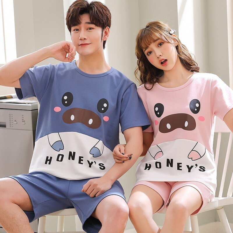 Summer Couple Pajamas Short-sleeved Knitted Cotton Homewear Suit