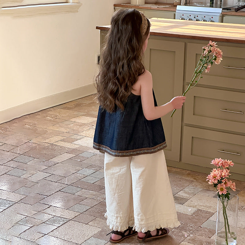 New Retro Patchwork Jean Sun-top Fashionable Vacation Style Sleeveless Top