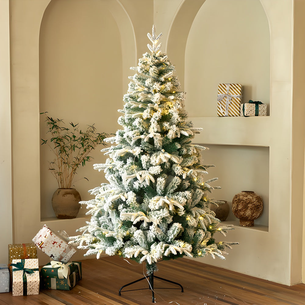 1 Piece Of 180cm - Tall White Flocked Christmas Tree, Thickened And Densified, With Lights
