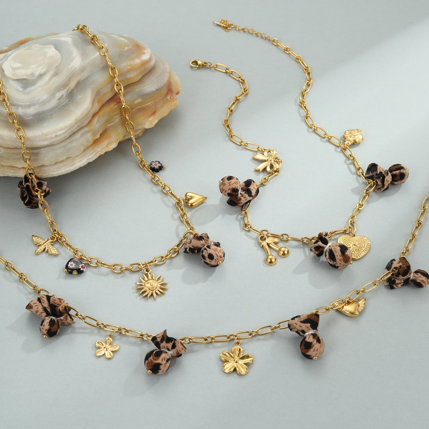 Leopard Pendant Love Heart Flowers Stainless Steel Necklace