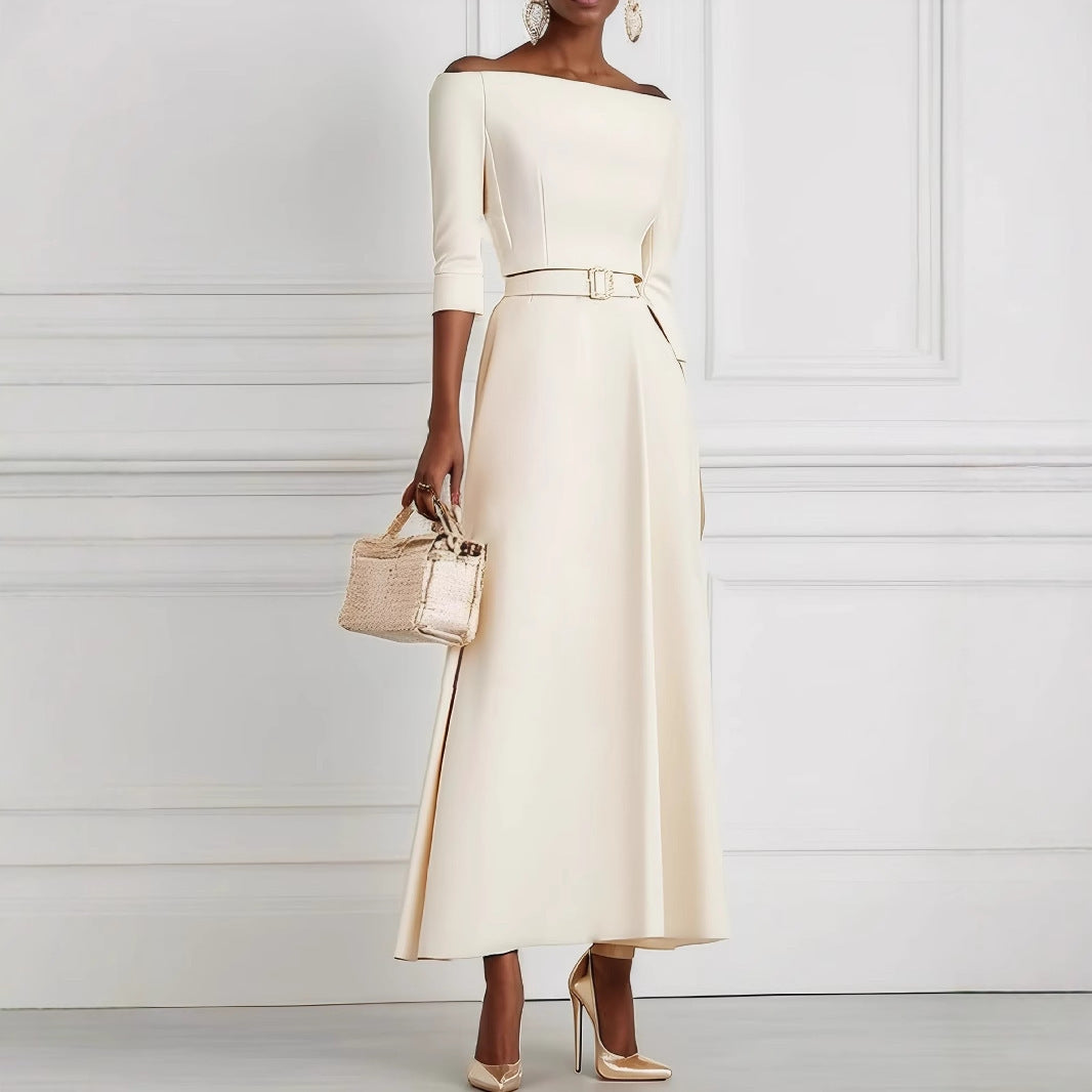 Solid Color Fashion Temperament Waist-controlled Off-shoulder Dress For Women