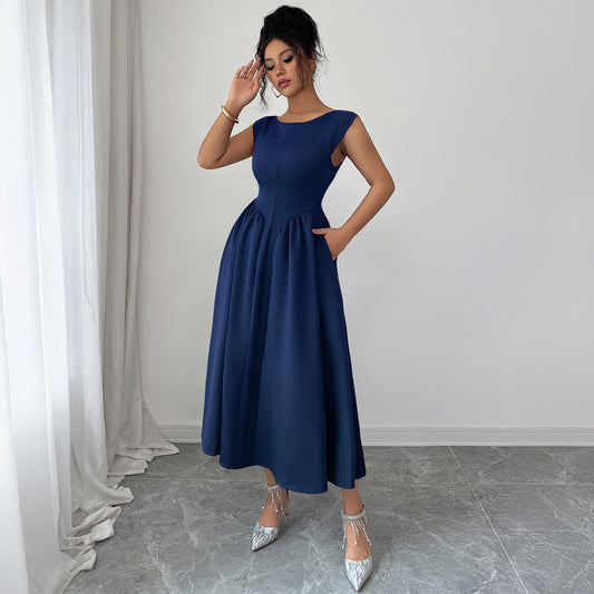 Solid Color Waist Long Skirt Dress Women