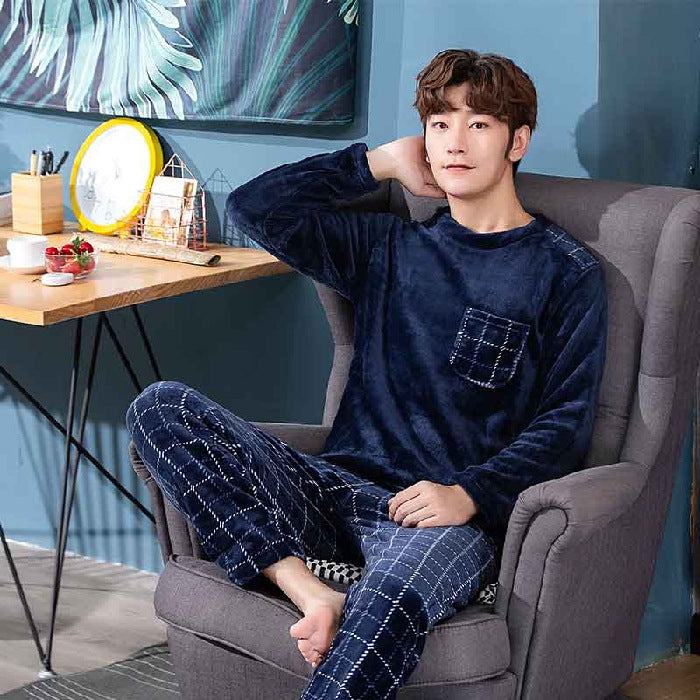 Flannel Pajamas Men's Autumn And Winter Warm Suit Youth Round Neck Fashion Casual Suitable For Daily Wear Homewear