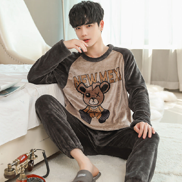 Flannel Pajamas Men's Autumn And Winter Warm Suit Youth Round Neck Fashion Casual Suitable For Daily Wear Homewear