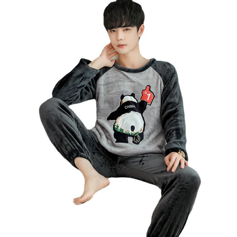 Flannel Pajamas Men's Autumn And Winter Warm Suit Youth Round Neck Fashion Casual Suitable For Daily Wear Homewear