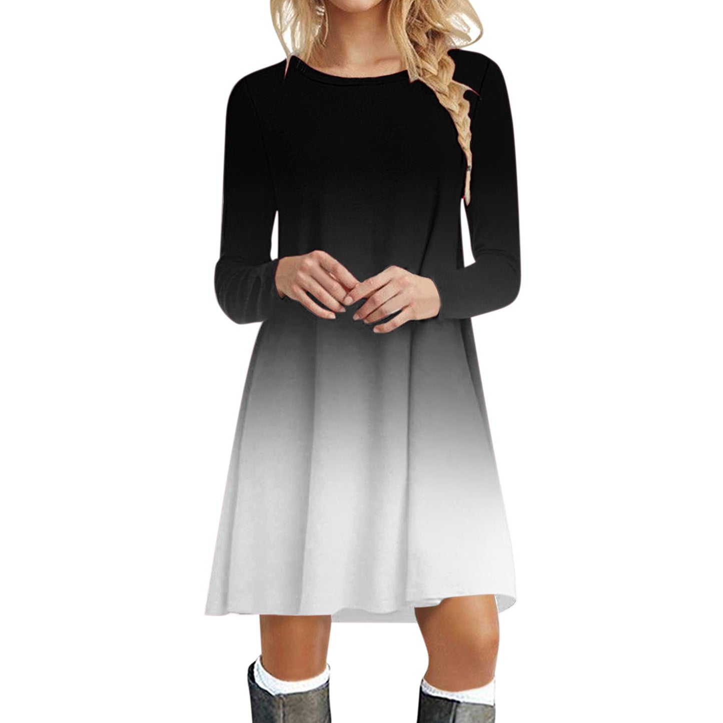 Casual Printed Christmas Crewneck Long Sleeve Dress