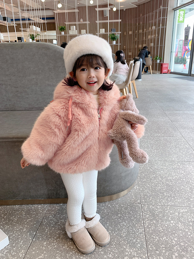 Girls Padded Fur Hooded Padded Jacket Faux Fur Top