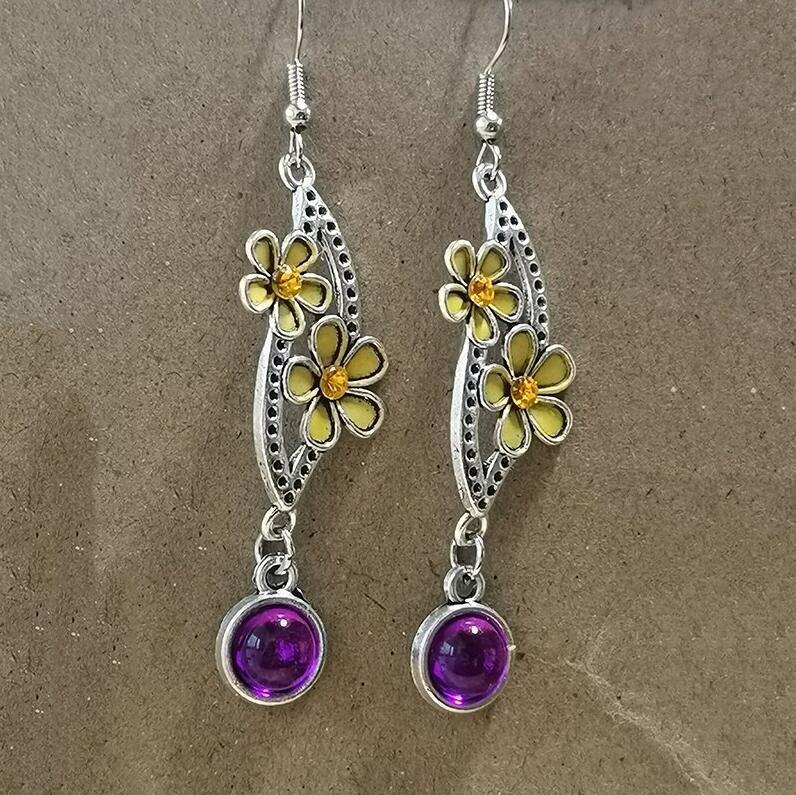 Retro Yellow Flower Purple Stone Antique Silver Orange Rhinestone Personality Swing Earrings
