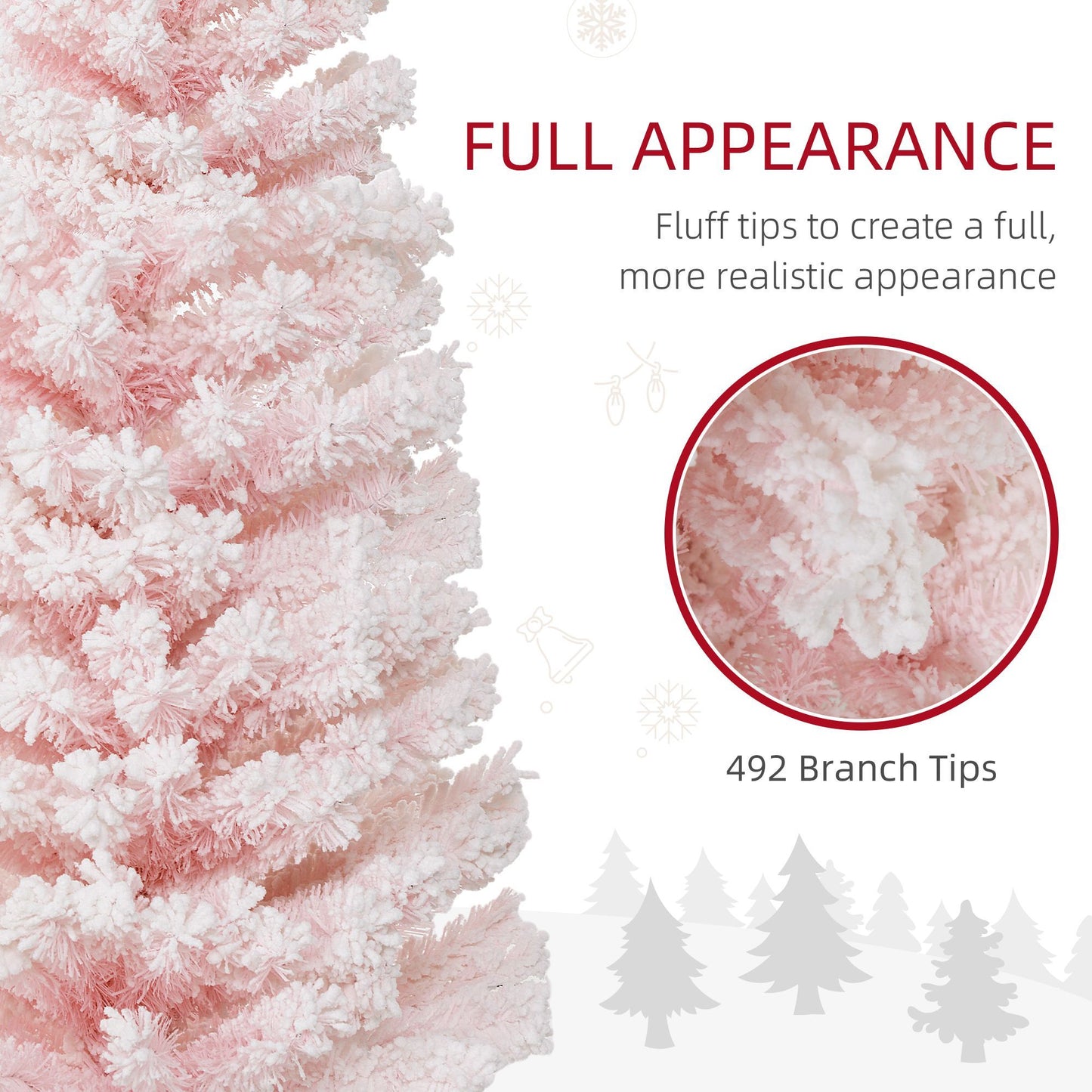 6ft Flocked Christmas Tree, Pencil Christmas Tree With Realistic Branch Tips, Folding Metal Stand