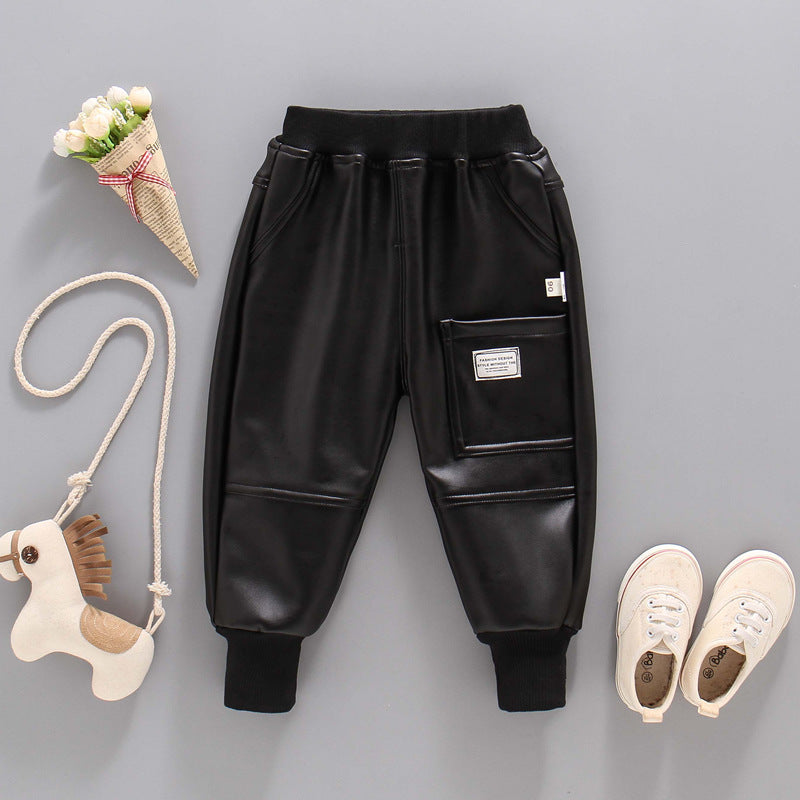 Boys Autumn And Winter Leather Pants, Boys One-piece Cotton Pants