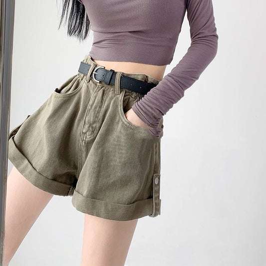 Fashionable Hot Girl Overalls Denim Shorts Women Rolled Hem