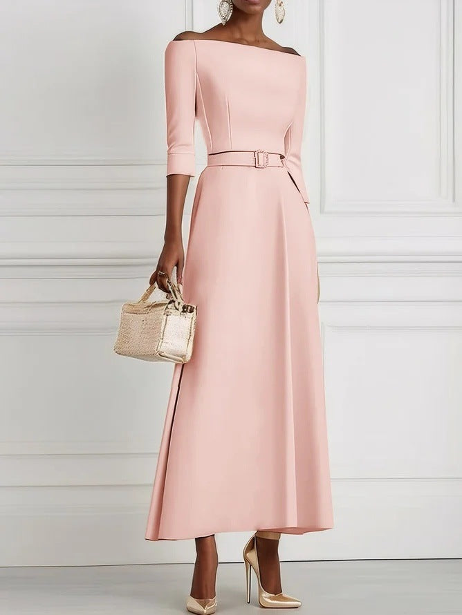 Solid Color Fashion Temperament Waist-controlled Off-shoulder Dress For Women