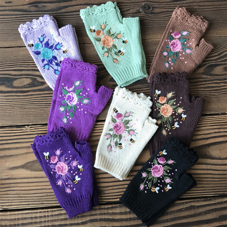 Embroidered Ladies Warm Gloves Bee Floral Knit