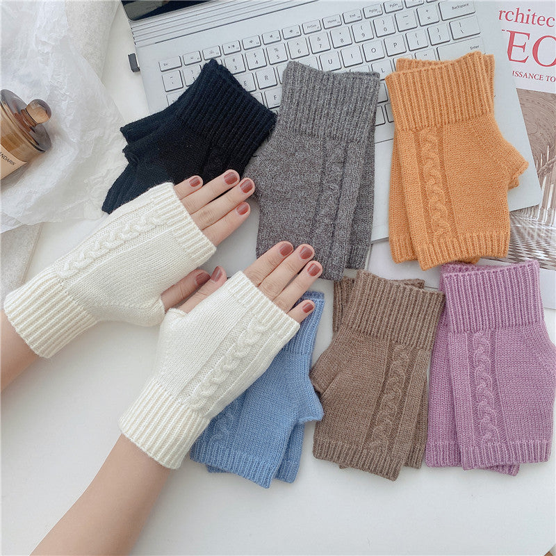 Half Finger Leaky Wool Knitted Gloves Short