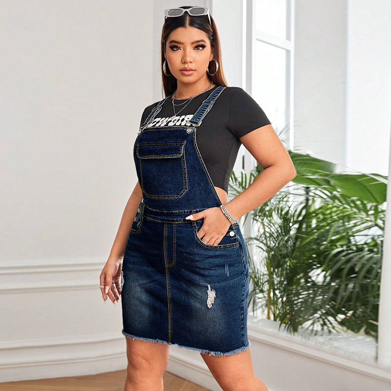 Fashionable Plus-Size Denim Suspender Dress For Women