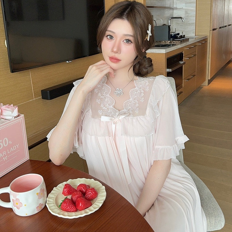 Lace Bow Mesh Midi Nightdress Homewear