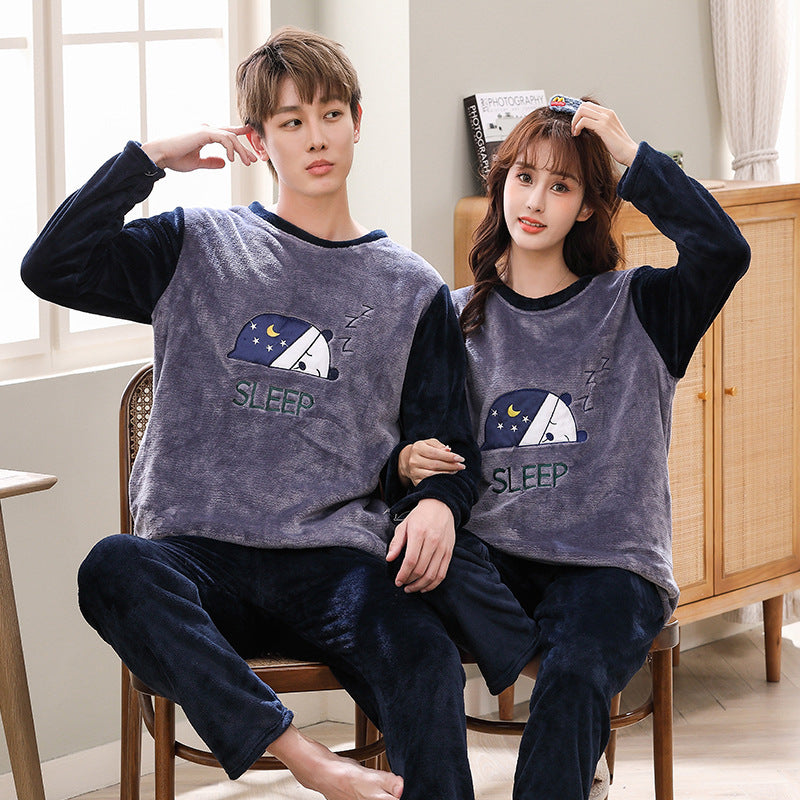 Couple Coral Velvet Pajamas Female Autumn And Winter Fleece-lined Cartoon