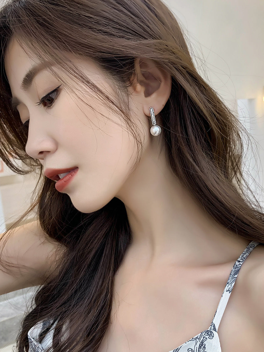 Sterling Silver Needle Diamond C- Shaped Pearl Earrings For Women Japanese And Korean Style Graceful Online Influencer Ear Rings Simple Cold Style Earrings