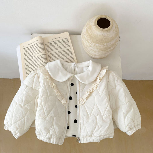 Baby Girls' Cotton-padded Jacket Thickened Heart-shaped Bubble Long Sleeve Cardigan Plaid Coat