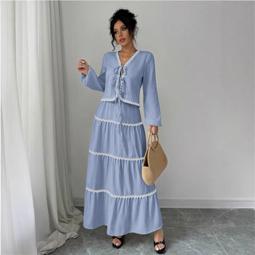 Lace Layered Pleated Lantern Sleeve Bow Shirt And Skirt Suit Women