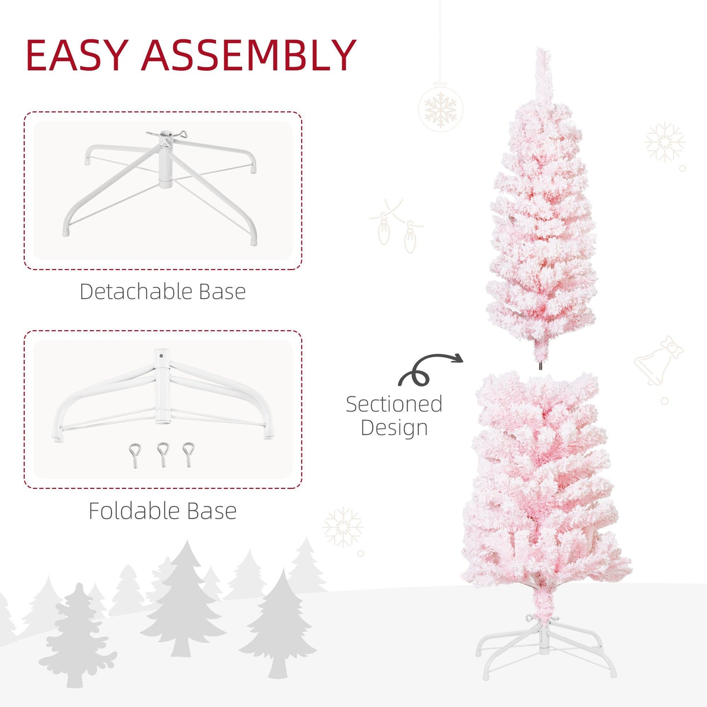 5ft Flocked Christmas Tree, Pencil Christmas Tree With Realistic Branch Tips, Folding Metal Stand