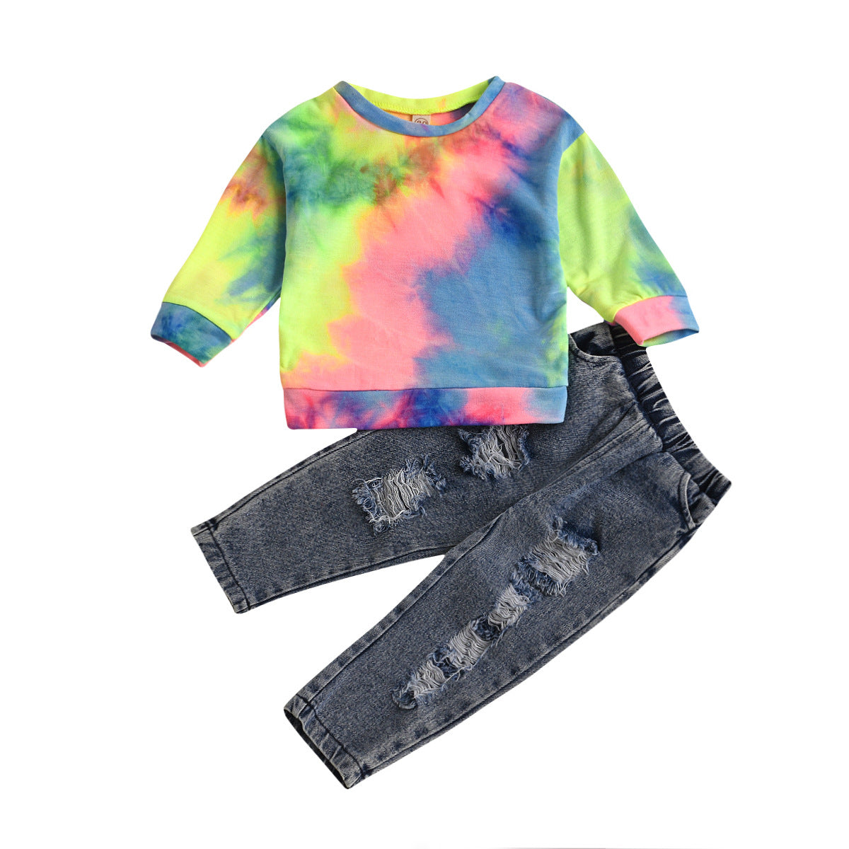 Rainbow Tie Dye Sweater  Cut Hole Jeans Set