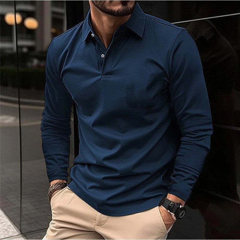 Buckle European And American Men's Daily Casual Polo Collar Long Sleeve Polo Wear