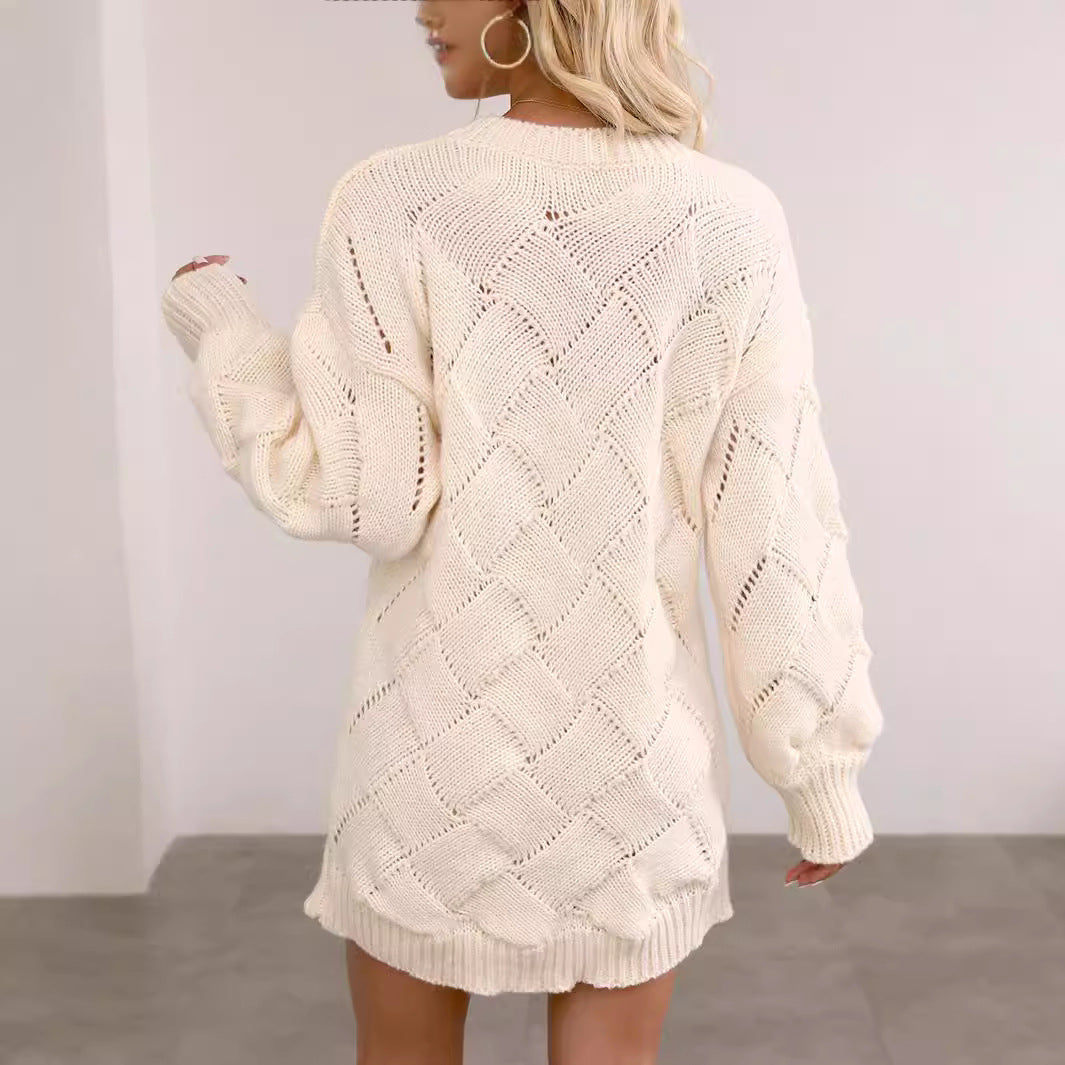 Round Neck Long Sleeve Rhombus Woven Hip Skirt