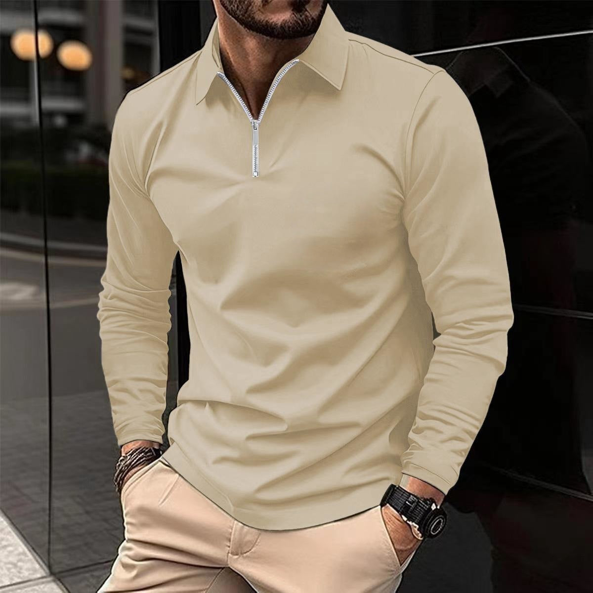 Zipper Men's Solid Color Long Sleeve Sports Polo Shirt