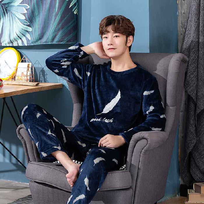 Flannel Pajamas Men's Autumn And Winter Warm Suit Youth Round Neck Fashion Casual Suitable For Daily Wear Homewear