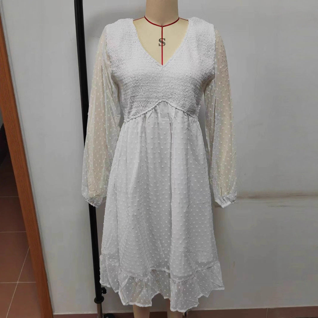 Spring And Summer V-neck Long-sleeved A- Line Skirt Dress Women