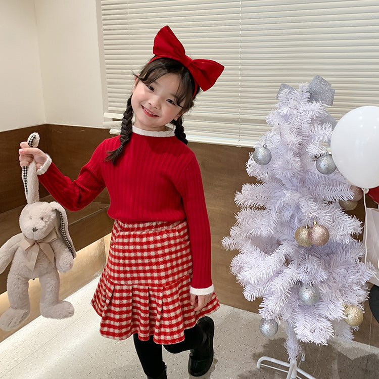 Baby Christmas Woolen Plaid Pleated Skirt