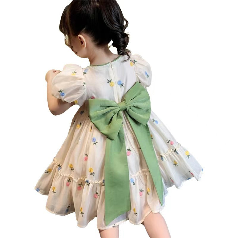 Girls' Bubble Sleeve Bow Floral Dress