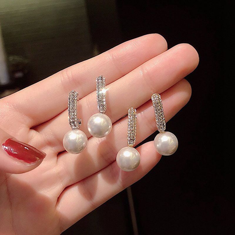 Sterling Silver Needle Diamond C- Shaped Pearl Earrings For Women Japanese And Korean Style Graceful Online Influencer Ear Rings Simple Cold Style Earrings