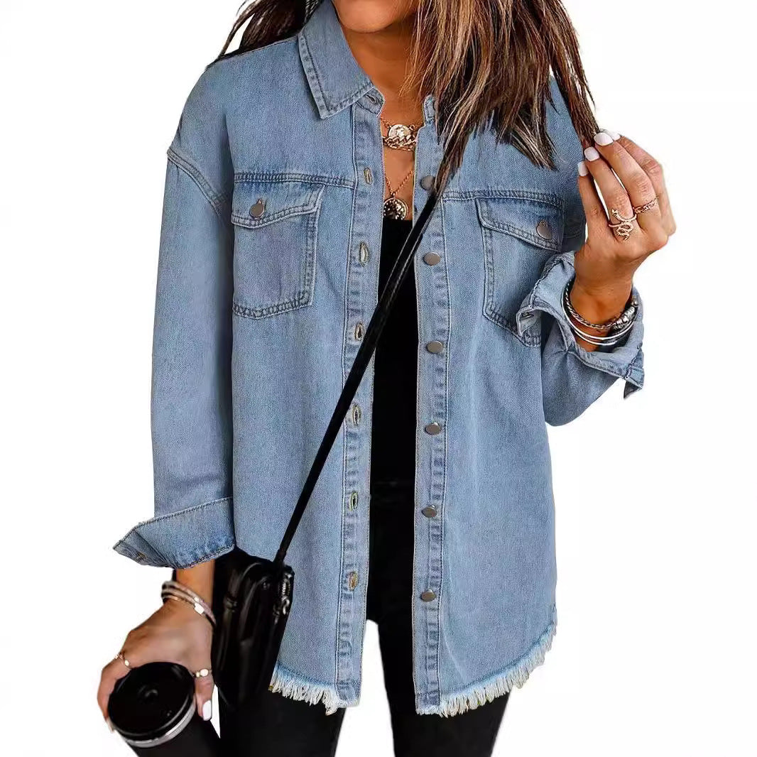 Washed Denim Shirt Women's Personalized Street Style Frayed Hem Coat