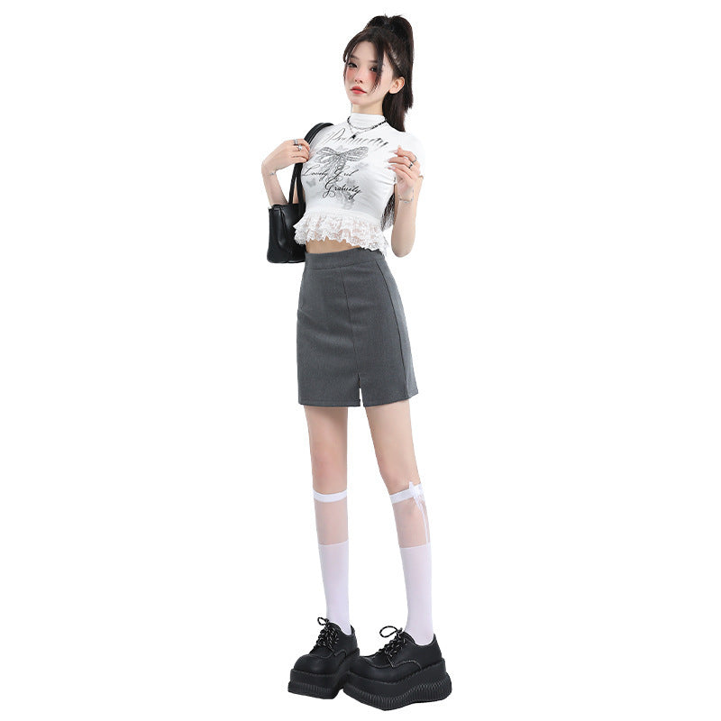 High Waist Anti-exposure-word Slit Sheath Skirt Gray Skirt
