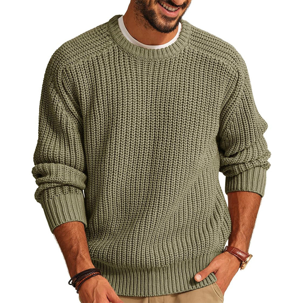 Men's Solid Color Long Sleeve Round Neck Fashion Sweater Loose Retro Sweater