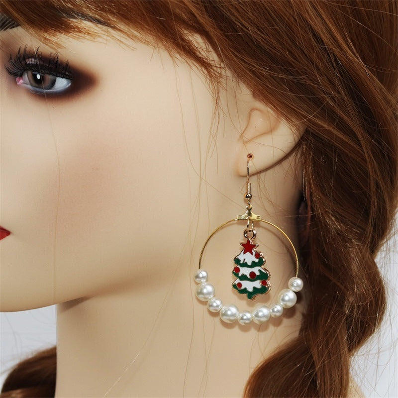 Christmas Earrings Alloy Pearl Enamel Christmas Wreath
