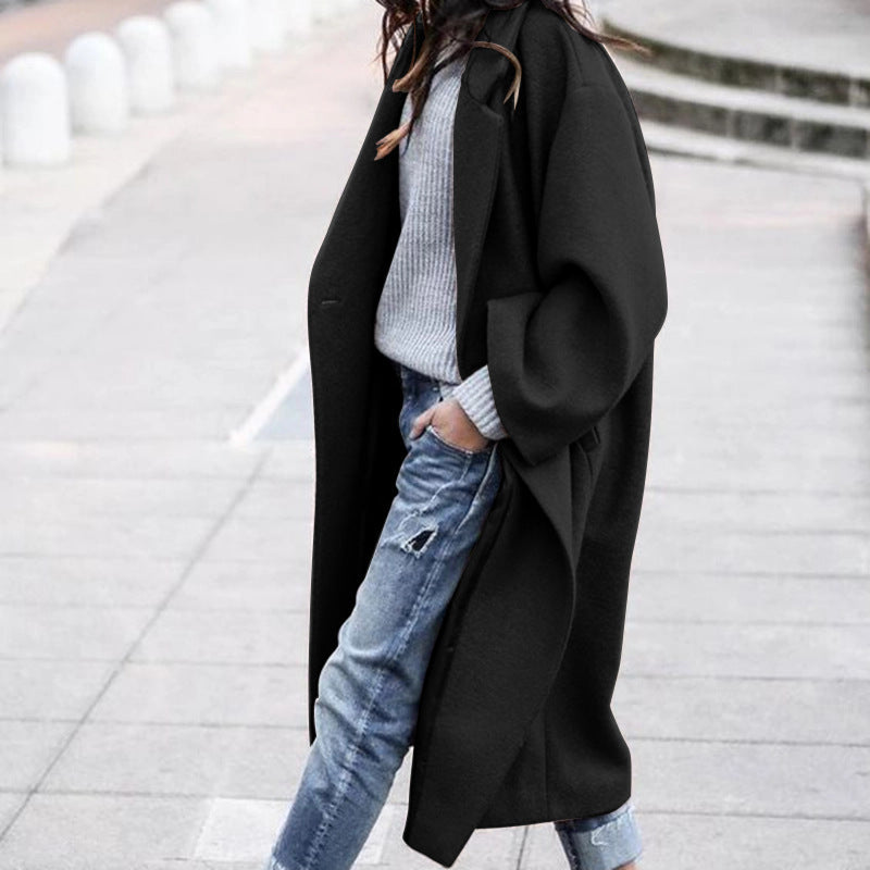 Fashion Long Solid Color Lapel Coat Warm Coat
