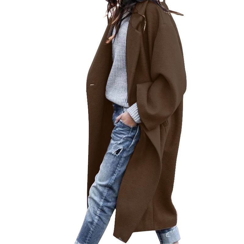 Fashion Long Solid Color Lapel Coat Warm Coat