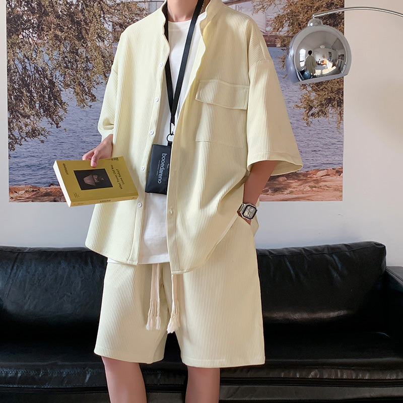 Men's Ice Silk Hanging Suit Men's Solid Color Short-sleeved Shirt Draw Rope Shorts Two-piece Men's