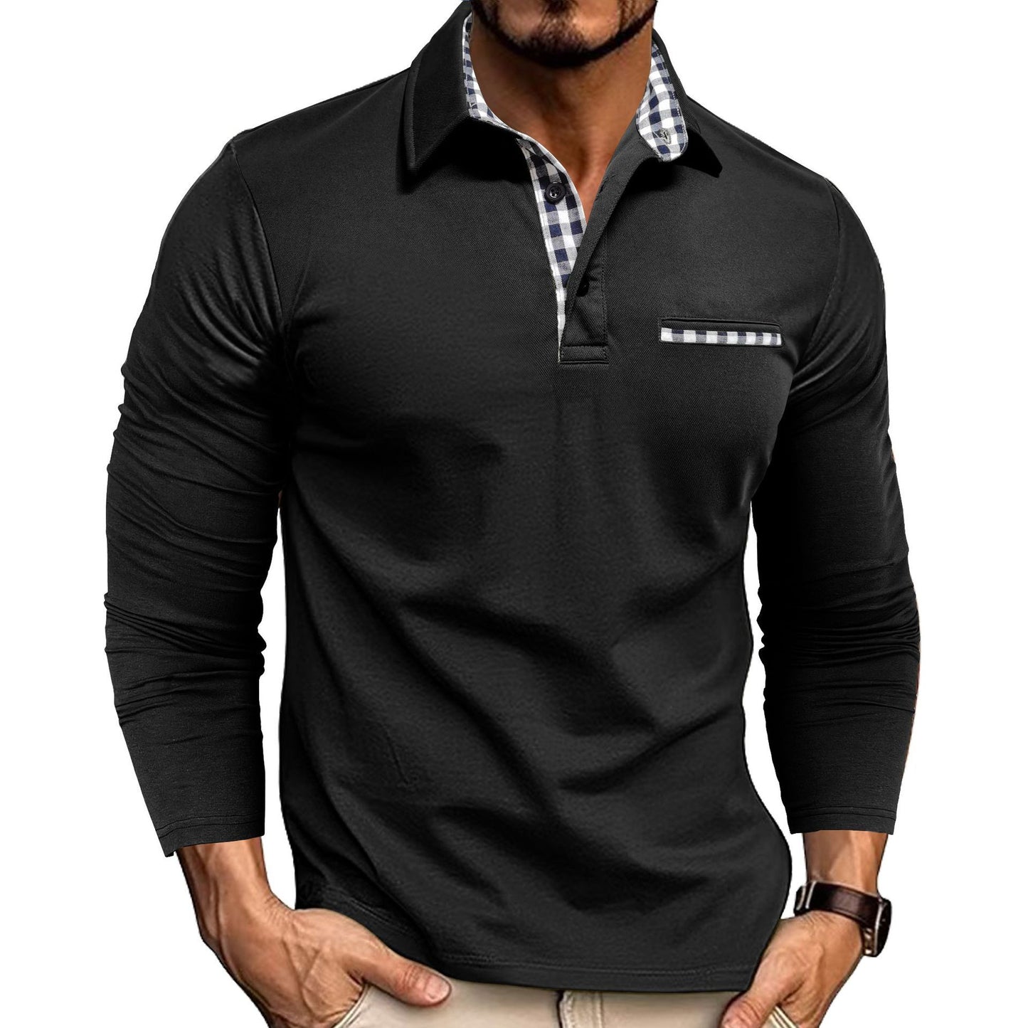 Casual Plaid Splicing Lapel Polo Shirt Fashion Solid Color Long Sleeve Top Men's Clothing